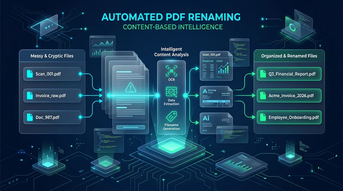 Intelligent PDF auto renaming: Extracting first-page text headers and ISO 32000 title metadata to transform cryptic scan filenames into clean, structured records.