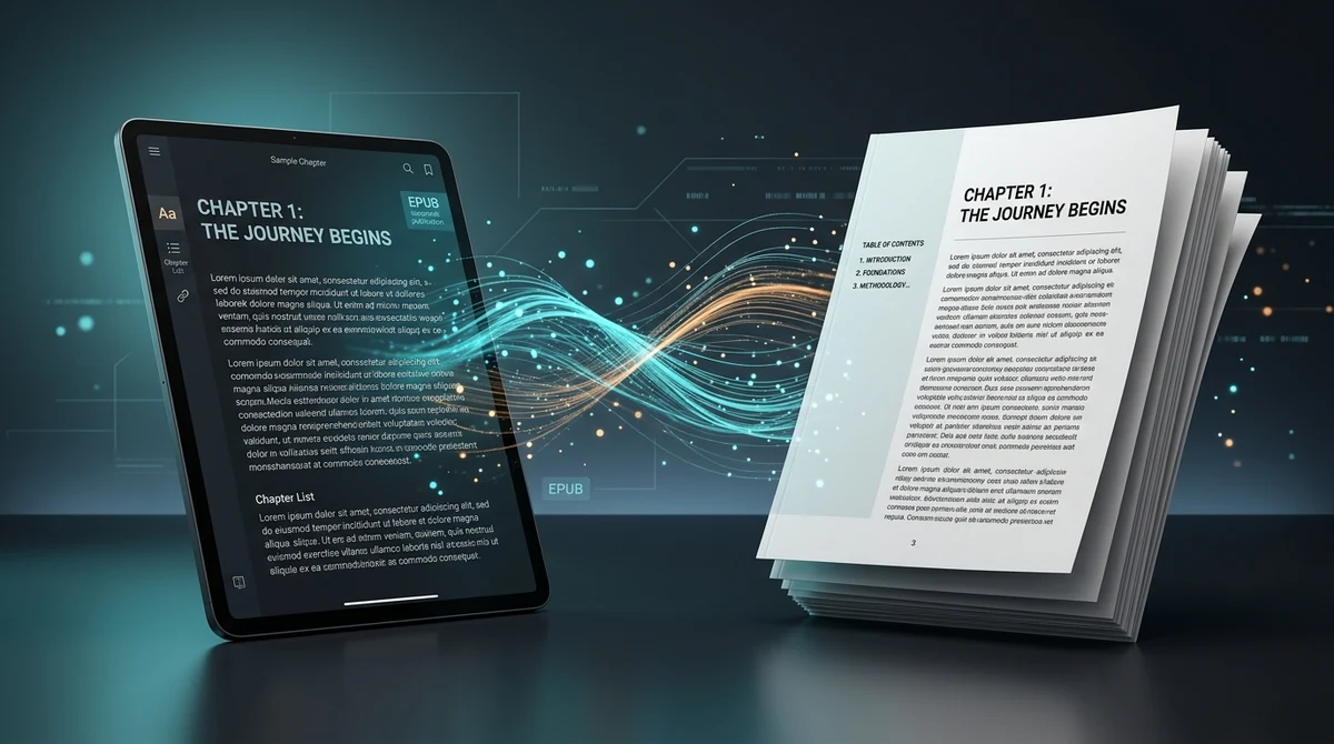 Conversión de libros electrónicos EPUB de texto adaptable a documentos PDF de páginas fijas listos para imprimir, con navegación sincronizada por índice.