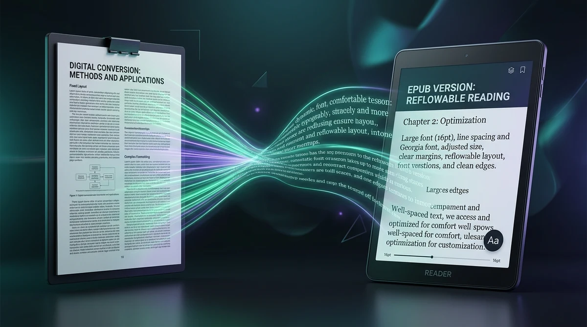 Conversión de páginas PDF de diseño rígido en libros electrónicos EPUB fluidos y cómodos con tipografía personalizada para Kindle, Kobo y Apple Books.