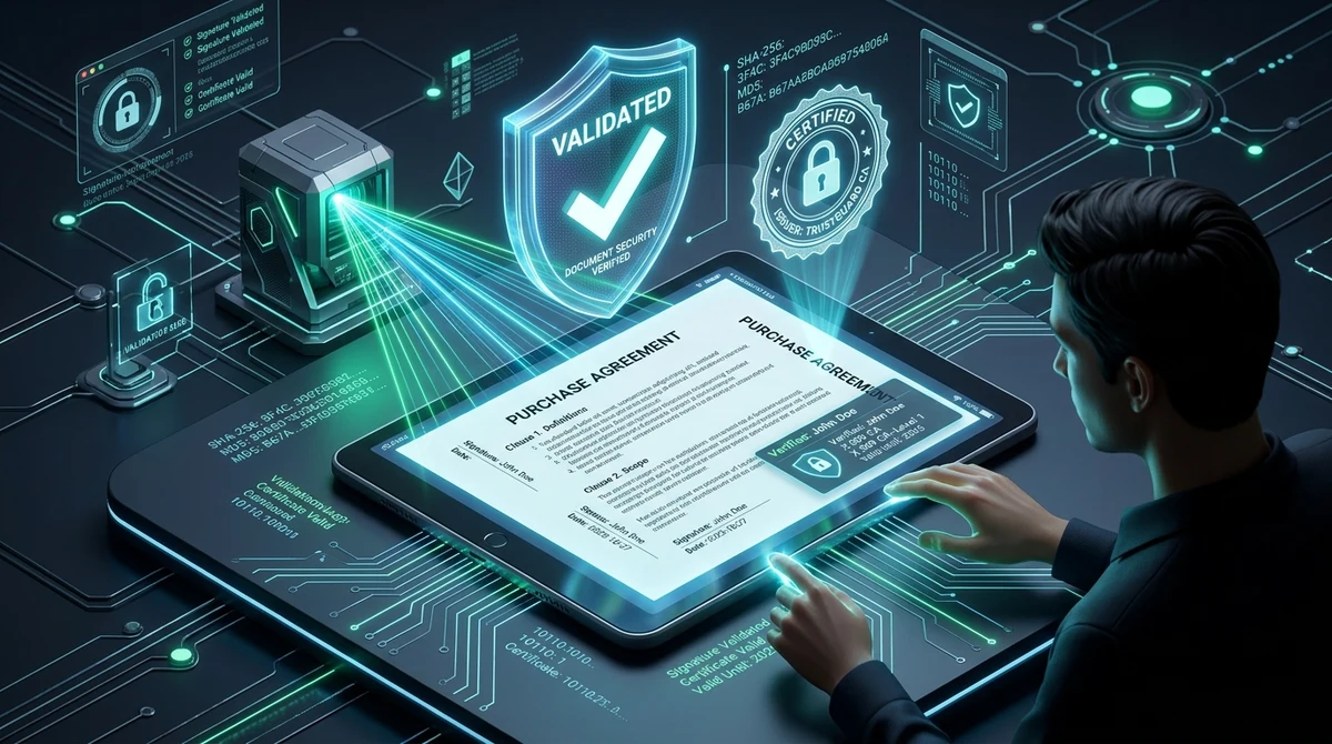 Kryptografický postup ověření digitálního podpisu PDF: validace ByteRange, kontrola certifikátů X.509 a vymazání paměti po 5 minutách.
